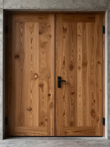 Vertical portrait of a massive solid oak pivot door installed in a minimalist concrete entryway, dramatic side-lighting highlighting the deep grain texture.