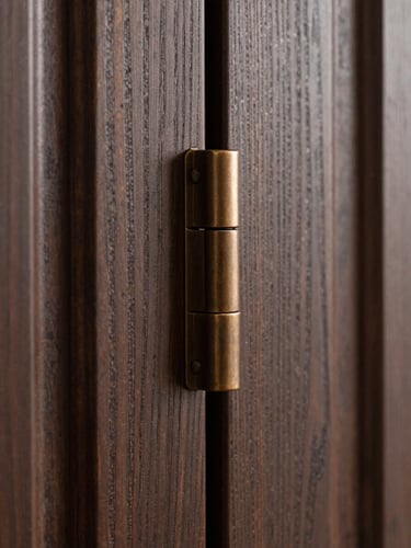Extreme close-up of a heavy-aperture bronze hinge mortised into a dark solid oak door edge, side-lit, showing wood grain texture
