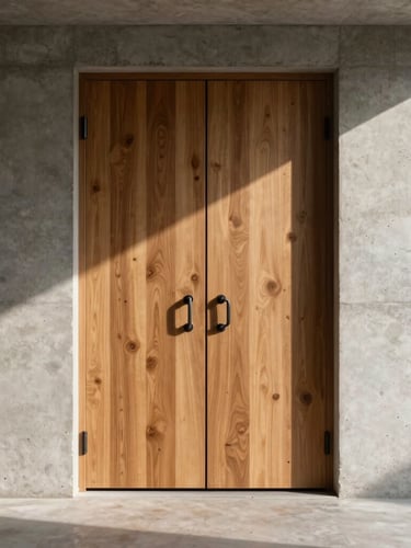Vertical portrait crop of a massive solid oak pivot door installed in a minimalist raw concrete entryway, dramatic side lighting casting long shadows