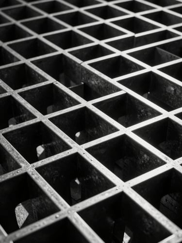 Abstract architectural geometry of a rigid metallic grid, high-contrast black-and-white, harsh studio lighting, deep shadows.