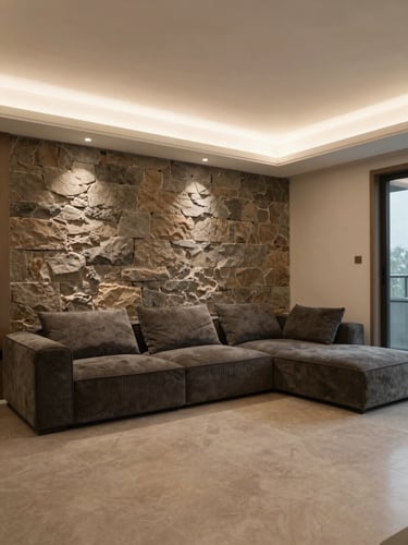 Wide environmental shot of a completed luxury living room interior, warm stone and charcoal tones, empty space showing proportion, low modular sofa against a textured stone-effect wall panel, recessed ceiling lighting casting even diffused light, photographed from a corner to show full room depth, no people