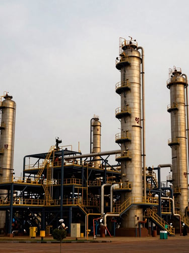 Wide architectural shot of a secure, modern refining facility in Kampala under overcast daylight, with clear institutional branding, right side bleed.