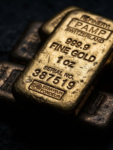 Macro close-up of raw gold bullion bars with visible serial numbers, high-contrast studio lighting, rich metallic gold and deep obsidian tones, macro lens, off-center to the right