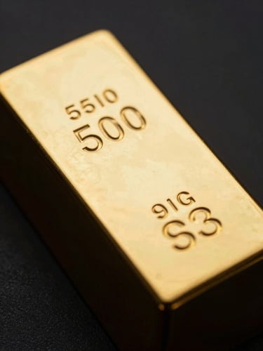 Macro close-up of a raw gold bar with visible serial numbers, obsidian background, dramatic low-key studio lighting, rich metallic gold tones, high contrast.