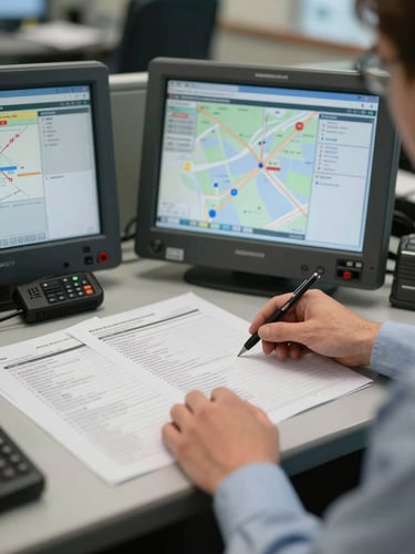 Close-up of a dispatch center console in available fluorescent light, operator's hands navigating a route management interface, printed manifests and a radio on the desk, documentary framing, no posing