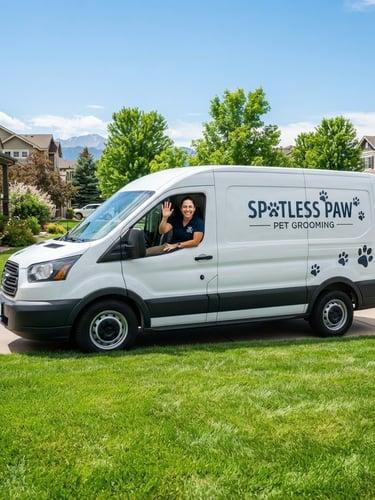 Bright, high-key outdoor daylight shot of a clean, marked Spotless Paw service vehicle parked on a vibrant green lawn in a suburban Longmont neighborhood, with a friendly technician in uniform waving from the driver's side. Wide environmental shot, crisp and sunny.