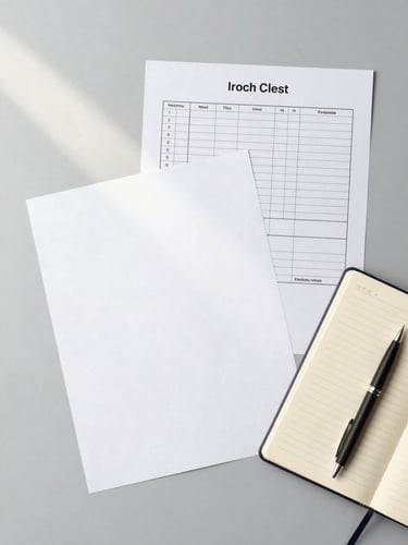 Overhead flat-lay of an organized desk: blank invoice template pages, a monthly checklist sheet, and a pen resting on a ruled notebook, soft office daylight from the left, pale gray background