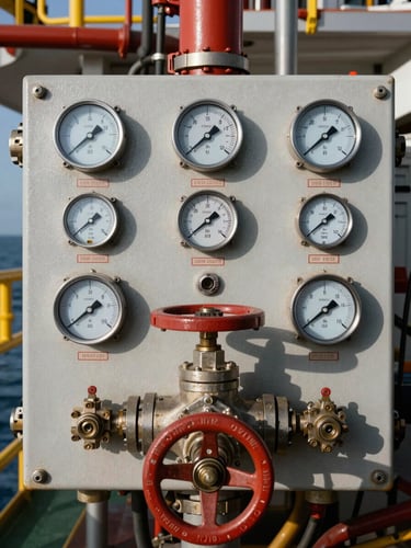 Close-up overhead angle of a subsea valve control panel on an offshore platform, industrial gauges and labelled pipe fittings filling the frame, tungsten workshop lighting casting hard shadows across the steel surface, no people visible