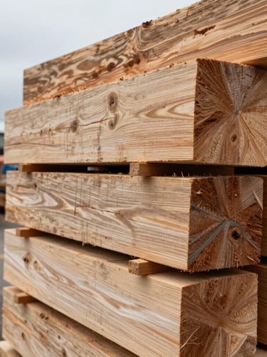 Extreme close-up of raw stacked Coihue timber blocks, showing dense end-grain texture under overcast southern Chilean light, industrial yard background