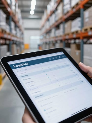 industrial editorial photography, crisp morning daylight, high-contrast cool tones, close-up of a digital tablet showing a logistics tracking interface inside a modern warehouse, sharp focus, 35mm