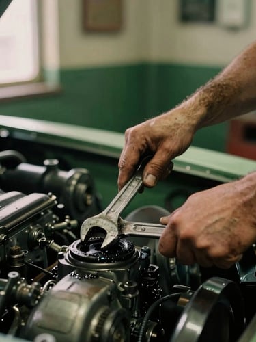 Close-up of a mechanic's hands, stained with grease, holding a vintage wrench over a classic car engine, warm dramatic side-lighting, shallow depth of field, rich forest green tones.