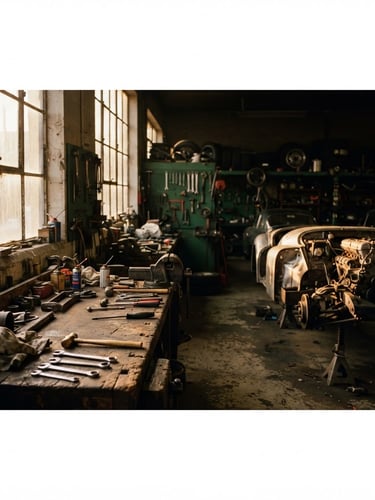 Wide panoramic shot of a vintage workshop interior at golden hour, warm light filtering through dirty windows, a classic car chassis partially visible on the right, tools scattered on a workbench in the foreground to the left. Moody, high contrast, shallow depth of field.