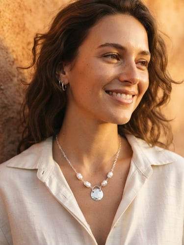 A close-up portrait of a woman in a relaxed silk shirt, wearing a lightweight hand-beaten silver necklace with natural pearls, soft golden-hour sunlight casting warm shadows across terracotta background.