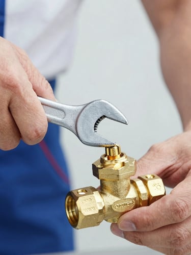 Close-up shot of a technician’s hands using a professional wrench to tighten a clean brass valve, bright neutral daylight, high contrast, professional utility aesthetic, 35mm lens.