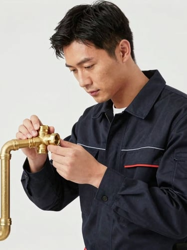 Medium shot of a professional plumber in a clean dark navy uniform adjusting a brass pipe fitting under bright neutral daylight, high contrast, professional utility aesthetic, 35mm lens.