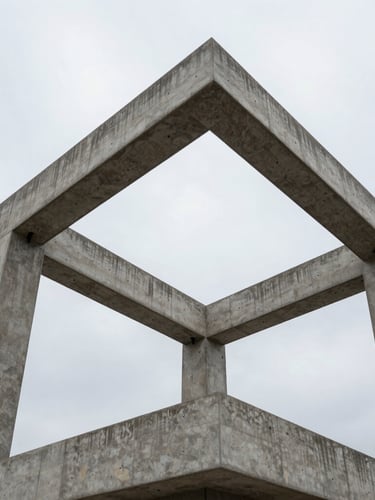 Low-angle architectural shot of a modern concrete building frame under crisp overcast daylight, highlighting structural integrity and steel reinforcement.
