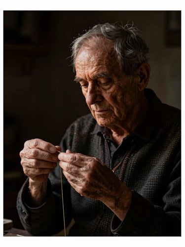 Chiaroscuro portrait of an elderly artisan hands holding a golden thread, deep dark background, single warm light source, poetic and quiet