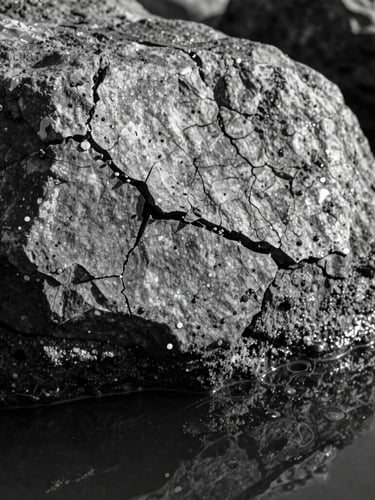 Fotografía artística en blanco y negro de grano fino, primer plano extremo de la textura de una roca volcánica agrietada bajo una luz lateral dramática, sombras profundas y detalles dorados sutiles reflejados en el agua estancada.