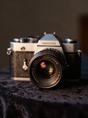 A close-up of a vintage camera resting on a dark velvet tablecloth, soft golden light hitting the lens, moody atmosphere.
