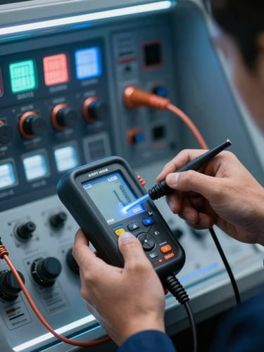 Yüksek çözünürlüklü, yakın çekim bir marin elektrik teknisyeni, temiz bir motor bölmesinde bir multimetre ile kablo demetini test ediyor, arka planda hafifçe parlayan bir gösterge paneli, keskin teknik aydınlatma, cool mavi ve sıcak bakır tonları.