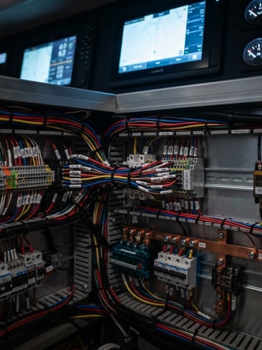 Yüksek detaylı, temiz bir yatın elektrik panosundaki kablo demetleri, düzenli ve renk kodlu, keskin teknik fotoğrafla çekilmiş, loş kabin ışığında parlayan ekranlar