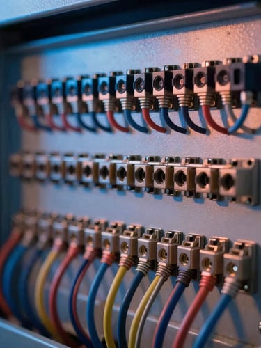 Close-up of impeccably organized marine wiring panel, with color-coded cables and robust terminals, under sharp technical work lights, cool blue and warm copper tones, macro lens, high detail, 35mm