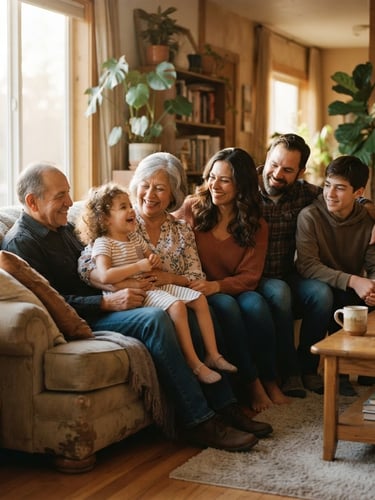 Warm, candid portrait of the Cabrera family team smiling inside a naturally lit, cozy residential living room, golden-hour window light, soft earth tones, shallow depth of field, 35mm film look