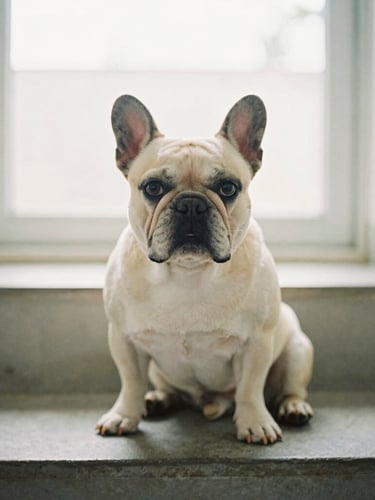 Candid eye-level portrait of a one-eyed French bulldog sitting on smooth concrete steps, soft natural overcast light, 35mm film aesthetic