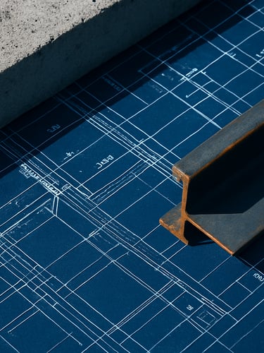 Macro shot of technical blueprints overlaid on raw steel and concrete materials, sharp daylight, high contrast, focused on structural details