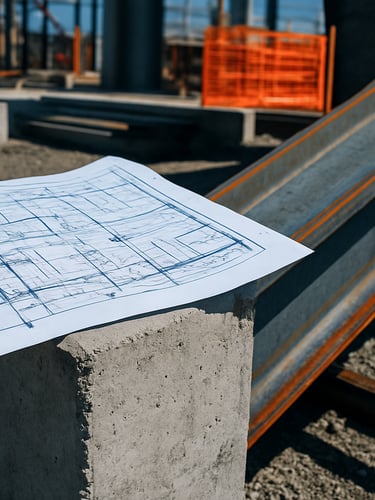 Close-up macro shot of technical blueprints overlaid on raw concrete and steel materials on an active engineering site, sharp daylight contrast.