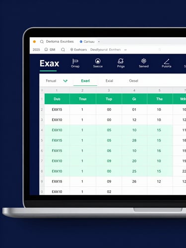 Straight-on high-contrast digital UI mockup of a clean corporate Excel dashboard, crisp studio lighting, deep navy blue and mint green accents, sharp focus.