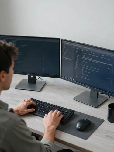 Over-the-shoulder shot of a professional working at a clean, modern desk with a dual-monitor setup, daylight-balanced studio lighting, slate gray and navy accents, highly organized workspace.