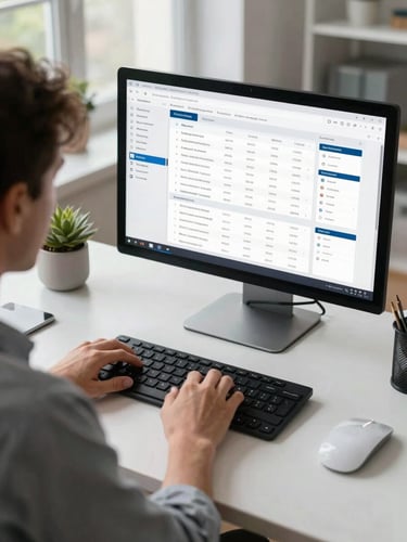 Over-the-shoulder view of a professional working at a clean, modern desk in a bright, daylight-balanced home office, focusing on an organized screen displaying clean corporate data.
