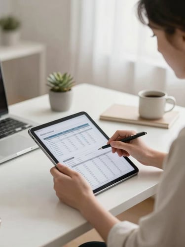 A clean modern home office with a professional reviewing financial spreadsheets on a tablet, bright neutral studio lighting.