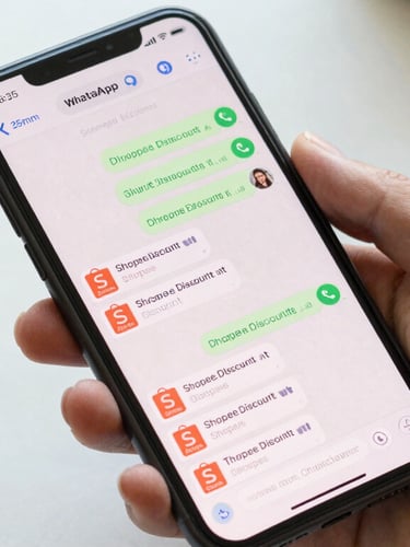 A hand holding a smartphone displaying a clean WhatsApp chat preview with active Shopee discount links, bright natural daylight, 35mm