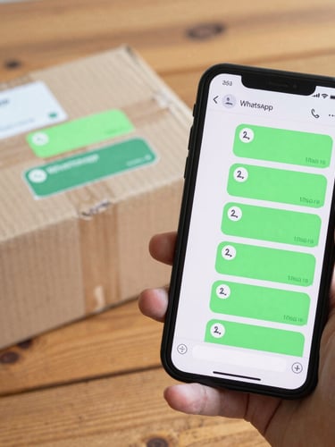 Close-up of a person holding a smartphone displaying a WhatsApp chat filled with green discount bubbles next to a cardboard package on a wooden table, bright daylight