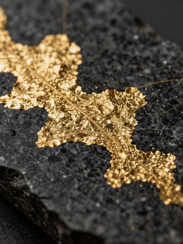 Macro close-up of abstract gold-leaf details on dark obsidian stone, soft golden hour lighting, rich textures