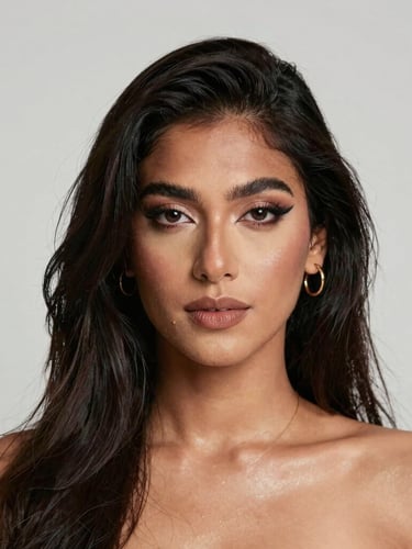 Low-key, moody portrait of a warm South Asian individual with a gentle expression, illuminated by soft golden moonlight from the side, dark textured background with subtle shadows.