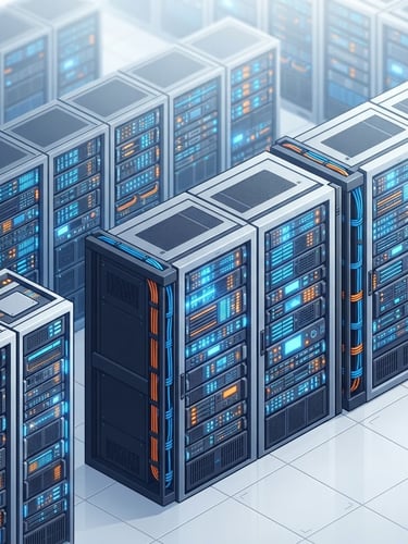 Isometric vector illustration of clean server racks with glowing electric blue and bright orange indicator lights, high-key studio lighting, minimal geometric shapes