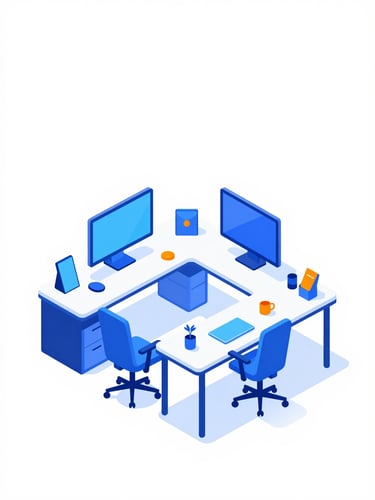 Bright modern workspace environment with clean desks, subtle blue and orange neon highlights, high-key studio lighting, modern tech aesthetic