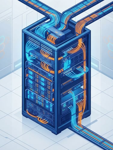 Isometric vector illustration of a glowing blue and orange server rack with network connections, minimal geometric shapes, high-key studio lighting, modern tech aesthetic