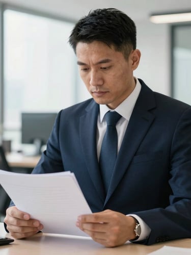 Medium-close portrait of a focused military veteran in professional business attire, reviewing documents in a modern, well-lit corporate office environment. Crisp corporate photography, sharp natural daylight, deep navy and slate tones, high contrast, professional editorial style.