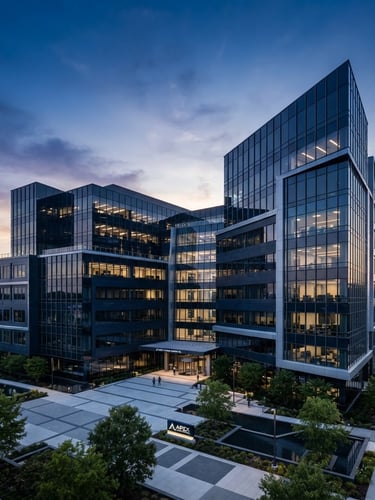 Wide shot of a modern corporate headquarters building at dawn, sharp lines, deep navy and slate tones, high contrast, professional editorial style, subtle APEX VETERAN STAFFING INC branding.
