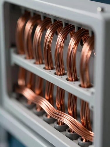 Extreme close-up of perfectly organized electrical copper wiring inside a clean modern panel, sharp focus, technical precision, dramatic architectural lighting.
