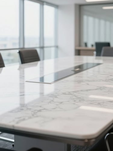 Tight macro shot of a pristine, polished marble conference table reflecting soft window light, clean modern corporate interior, sharp focus