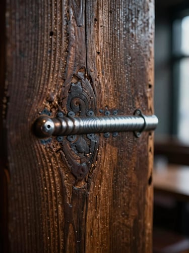 Close-up macro shot of heavily weathered wood grain with raw steel weld accents, moody low-key lighting, shallow depth of field