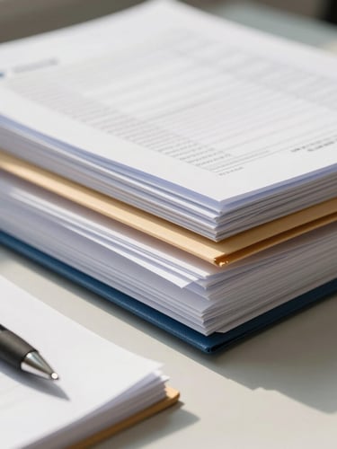 Macro shot of organized corporate documents, neat folders, and a pen on a clean slate table, high-trust bright daylight