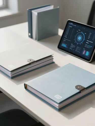 A clean, highly organized modern office desk in bright daylight, sharp focus on structured folders and a tablet displaying secure digital interfaces, neutral lighting, no people.