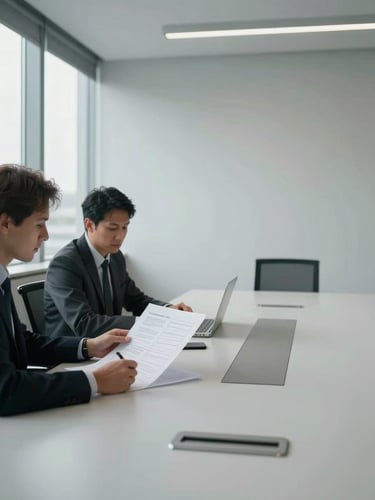 Wide environmental shot of a modern boardroom learning space, left side, two professionals reviewing a printed framework document on a clean table under diffused north-facing window light, minimal and quiet