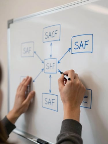 Close-up of hands writing on a whiteboard framework diagram in a neutral training room, diffused studio lighting, no faces visible, SAF-style strategic map partially drawn in blue marker